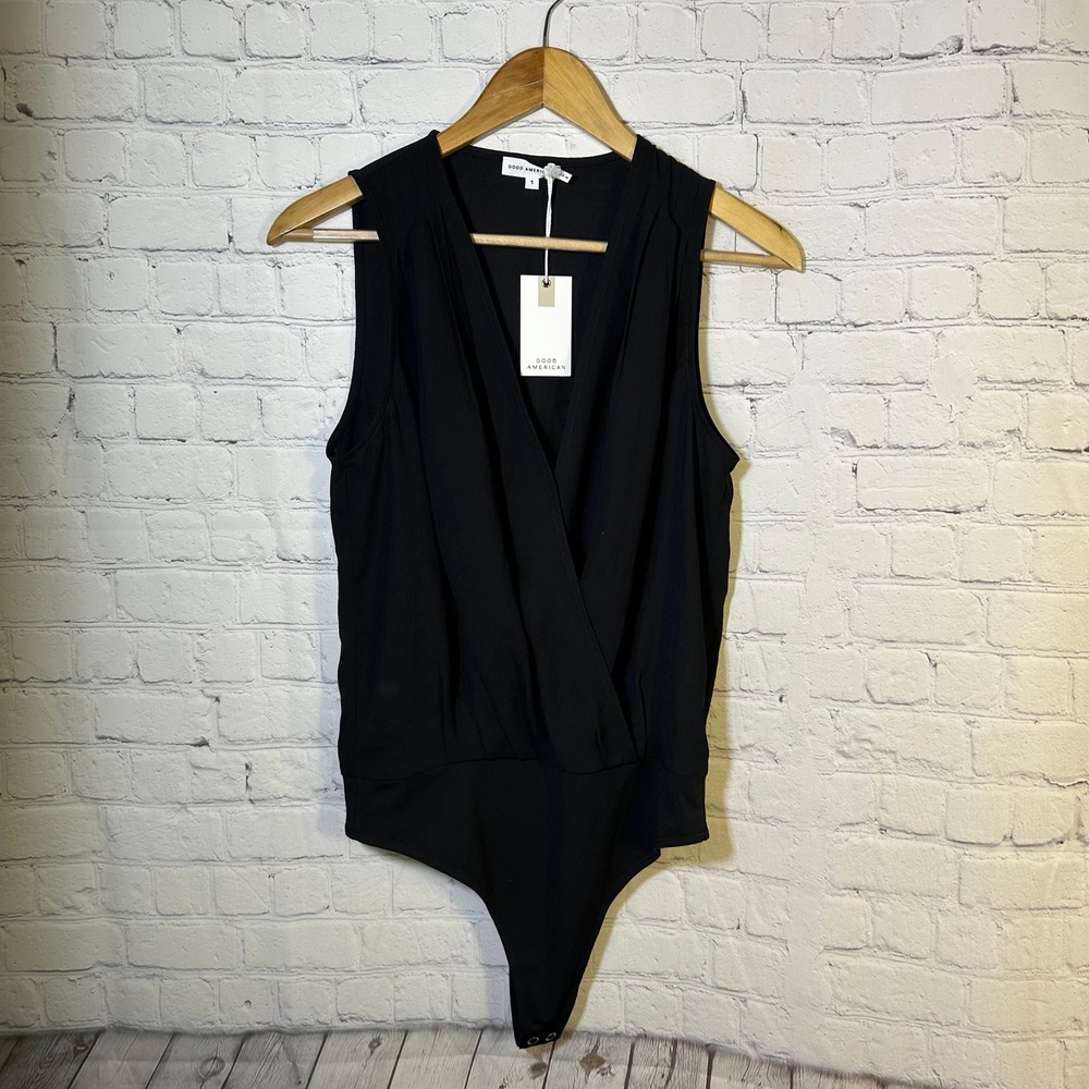 Good American Black Sleeveless Surplice Wrap‎ Bodysuit GB0510 Size 1 NEW